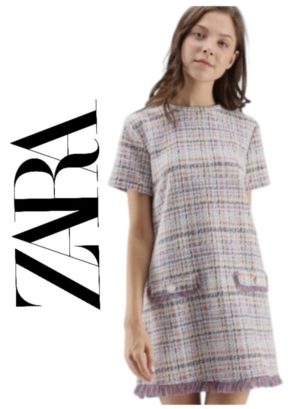 ZARA Trafaluc Pink and Purple Tweed Mini Shift Dress with Front Pockets Size S